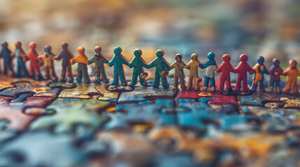 Group of Small Figurines Standing on Top of a Puzzle