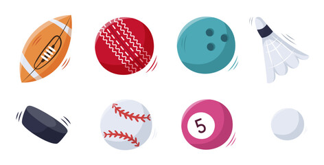 Set of sport balls in hand draw style isolated on white.Rugby,bowling, shuttlecock badminton,hockey puck,baseball, billiard and ping pong ball.Vector illustration of sport equipment . Flat style.