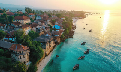 Fototapeta na wymiar colorful exotic seascape with boats near Zanzibar shore in Africa