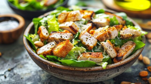 Close-up of ceramic bowl with delicious Caesar salad. Classic Italian salad with green Romano leaves, chicken fillet, Parmesan cheese, homemade croutons and dressing.