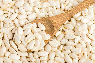 a bunch of white beans and a wooden spoon