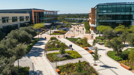 Aerial view of an LLC corporate campus, multiple buildings with the company logo, landscaped gardens, parking lots, people walking, clear weather, focus on the layout and architecture