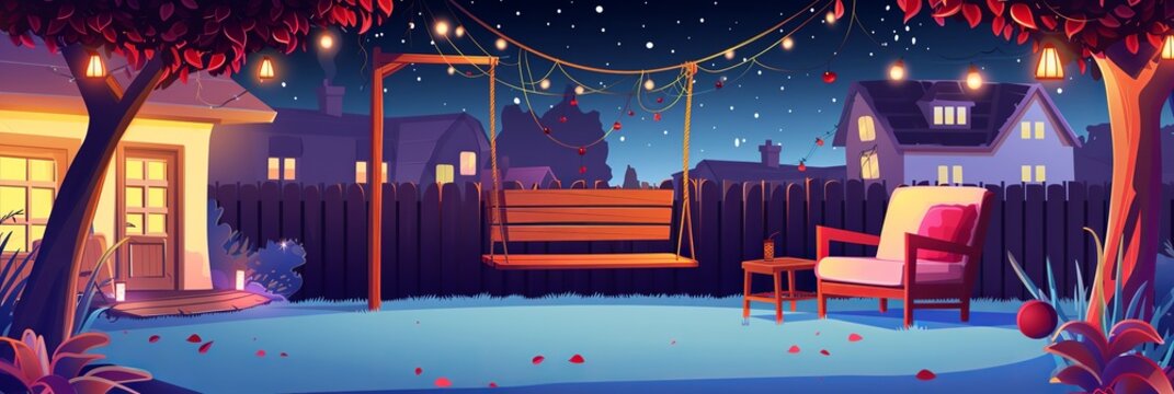 Night backyard garden with furniture and fence. Vector cartoon illustration of suburban town street with houses, swing decorated with garland lights, wooden armchair and table under dark starry sky
