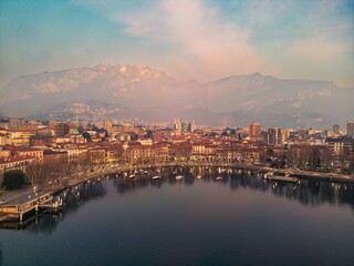 Panoramic shot of Lecco's Lakefront at dusk, Italy. 