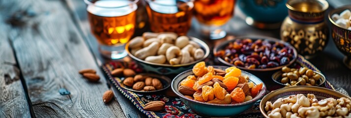 Obraz na płótnie Canvas Ramadan Kareem and iftar muslim food, holiday concept. Trays with nuts and dried fruits. Celebration idea