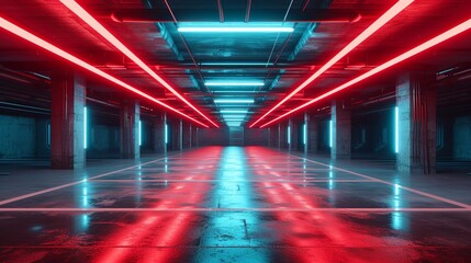 Sci Fi Modern Dark Cyberpunk Car Parking Corridor Showroom Tunnel Hangar Garage Metal Cement Concrete Red Blue Lights Studio 3D Rendering 