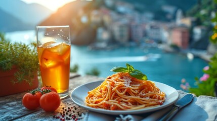 A plate of Italian spaghetti with tomato sauce and parmesan and a glass of ice tea on a wooden table. Cozy summer terrace overlooking picturesque Mediterranean seascape. - obrazy, fototapety, plakaty