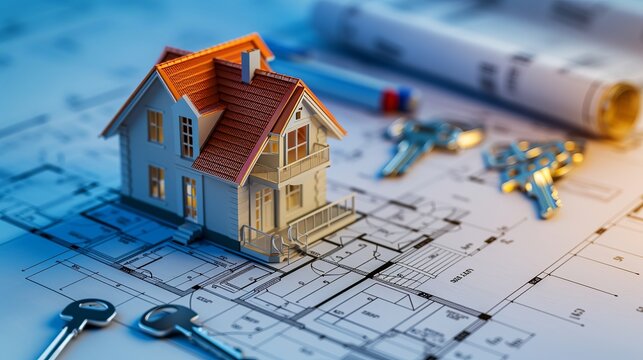The close up conceptual image of a tiny architectural house 3d model isolated on a blueprint or layout plan design with keys 
