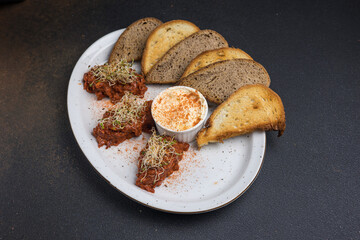 Delicious appetizers from the restaurant. Close up