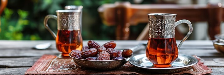 Typical of the month of Ramadan for muslims is the setting here, after the fast has been broken - water and pitted dates. Traditional iftar food. metal bowl full of dates fruits symbolizing Ramadan - obrazy, fototapety, plakaty