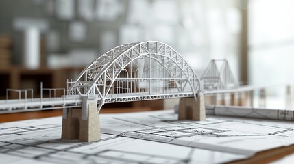 vision of architecture of a 3d model bridge project with blueprint