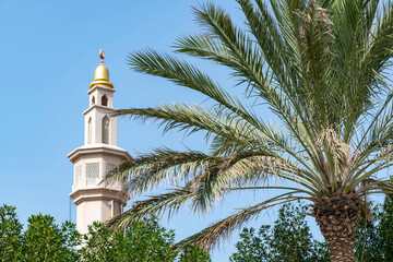 Low angle view of the top of the of a minaret of a mosque with the leaves of a palm tree in front