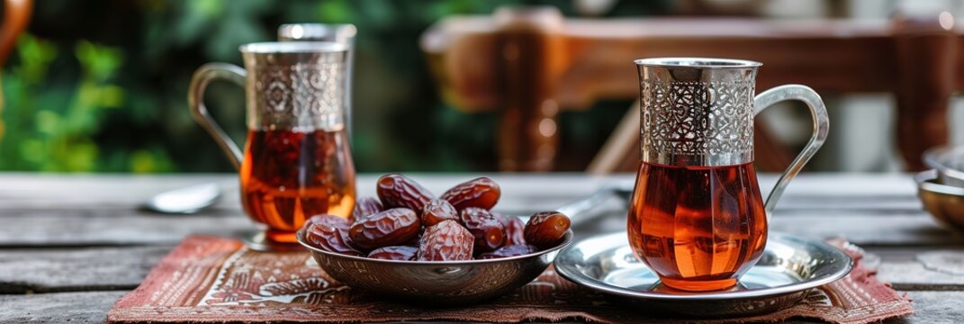 Typical of the month of Ramadan for muslims is the setting here, after the fast has been broken - water and pitted dates. Traditional iftar food. metal bowl full of dates fruits symbolizing Ramadan