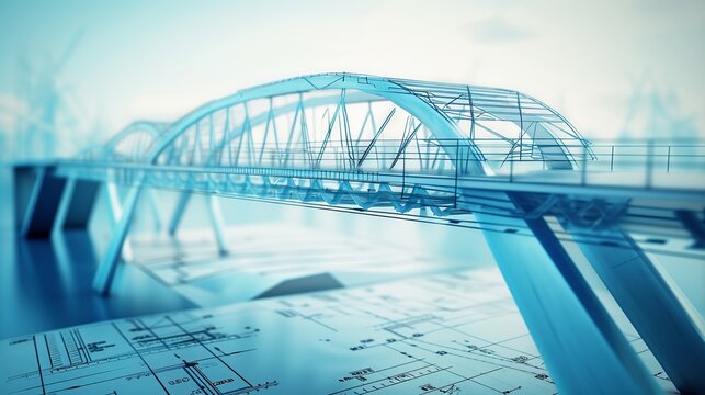 vision of architecture of a 3d model bridge project with blueprint
