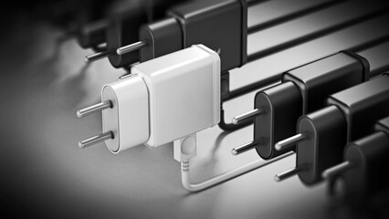 Naklejka premium Fast white mobile device charger stands out among standard black charge devices. 3D illustration