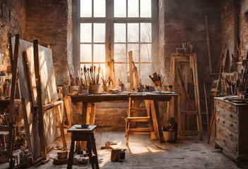 Artistic Nostalgia: Exploring the Charm of an Old European Style Painter's Atelier – A Craft Room with Brick Interior, Canvas, Paint Brushes, Bathed in Warm Light by a Window