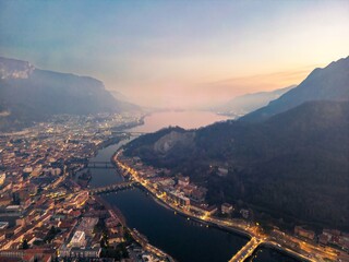 Aerial View of Lecco's Main Bridges at Dusk