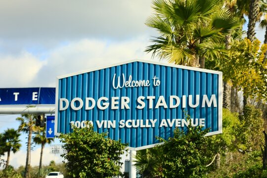 Entrance sign at Dodger Stadium - home of the Los Angeles Dodgers professional Baseball team. The facility was built in 1962. Los Angeles, California, USA - January 29
