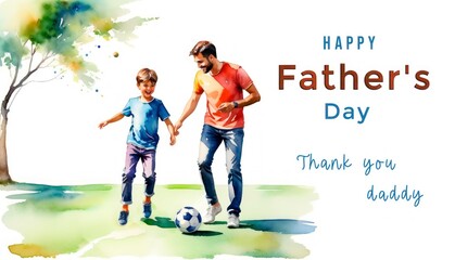 Father's Day card, father playing soccer with his son, watercolor style, caption, design template