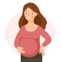 A cute pregnant woman has a back pain. The pregnant girl is feeling bad. Pregnancy problems. 
