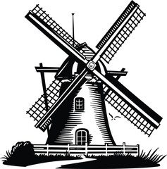 Retro windmill isolated outline icon. Vector rural countryside traditional Dutch stone mill, Netherland wooden windmill, Holland building for millstones grain - obrazy, fototapety, plakaty