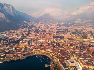 Drone shot of the city of Lecco and Lake Como, Italy. 