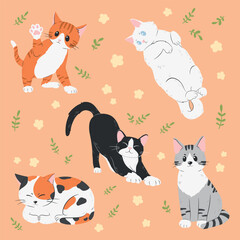 Cute and funny cats vector illustrations set. Adorable cat or fluffy kitten character design collection with flat color, different poses. Design for stickers, comics, print.