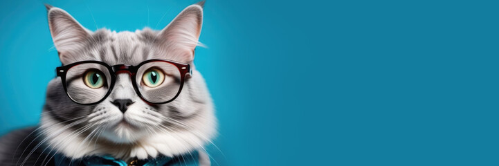 World Cat Day, fluffy domestic gray cat with glasses, vision check, ophthalmology salon, veterinary clinic, blue background, horizontal web banner, place for text