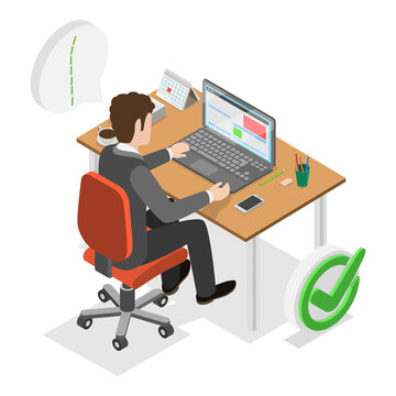 3D Isometric Flat  Illustration of Right And Wrong Sitting Postures. Item 1
