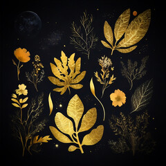 Golden Plants and flower on the black background. graphic resources concept. Artificial metallic gold colored plant leaf 