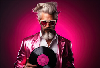 Stylish Senior Man with Vinyl Record and Pink Satin Jacket on light pink background looking at camera