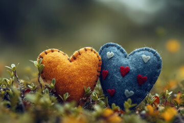 Fototapeta premium Two handmade hearts made of fabric with different colors and details.