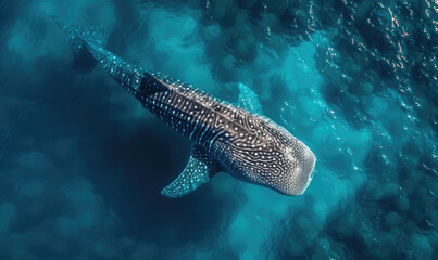 Tropical island and whale shark - above and below water - obrazy, fototapety, plakaty