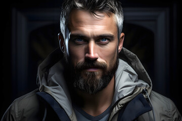 Obraz premium portrait of a fashionable bearded man with a hood on a dark background