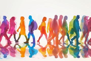 People of all colors walking together, inclusive business mindset values dignity and respect for all individuals - obrazy, fototapety, plakaty