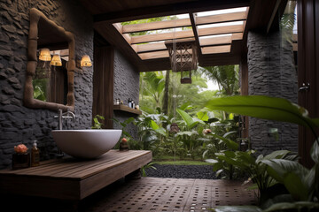 Modern tropical style bathroom with a bathtub and white sink, large window to see natural view, interior design 