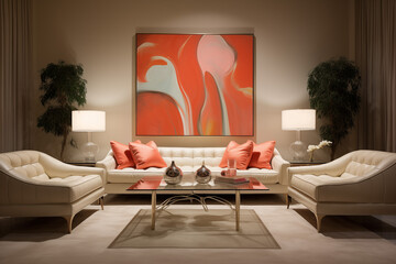 Modern living room interior design in peach fuzz colors. Living room decoration with peach colors, Peach fuzz color, with copy space. color of the year 2024 concept, living room interior design