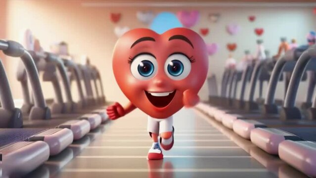 Running in the gym smiling heart with eyes and mouth. The heart as a symbol of affection and love.