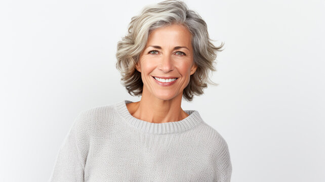 Smiling and elegant middle-aged woman conveying happiness and health looking at the camera in a studio.