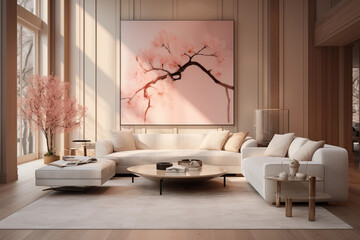 Modern living room interior design in peach fuzz colors. Living room decoration with peach colors, round sofa low angle table and abstract on back, color of the year 2024, living room interior design