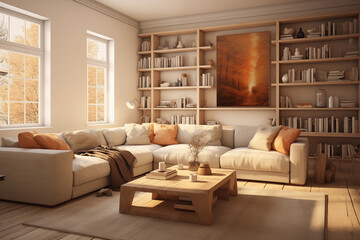 Modern living room interior design in peach fuzz colors. Living room decoration with sofa wooden table and wooden shelves on back wall color of the year 2024 concept, living room interior design