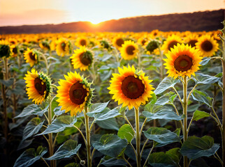 Sunflowers: The Bright and Joyful Flowers that Grow Tall and Many in the Golden Landscape of Nature, Creating a Spectacle of Harmony, Beauty, and Romance at Sunset
