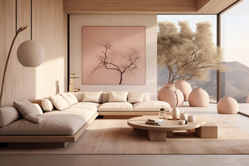 Fototapeta na wymiar Modern living room interior design in peach fuzz colors. Living room decoration with sofa indoor plants and side glass window, color of the year 2024 concept, living room interior design