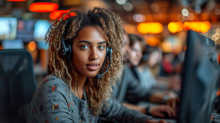 Obraz premium Answering Service Telephone Phone Operator, young black woman entry level job