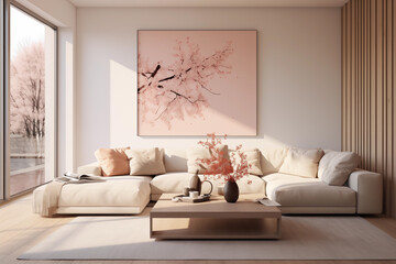 Modern living room interior design in peach fuzz colors. Living room decoration with peach colors, with sofa and large mockup on back wall, color of the year 2024 concept, living room interior design