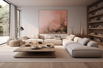 Modern living room interior design in peach fuzz colors. Living room decoration with peach colors, sofa wooden table and wooden book shelves color of the year 2024 concept, living room interior design