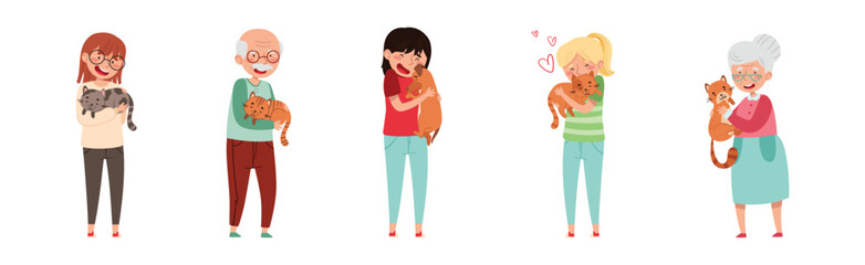 People Pet Owner with Domestic Animal Vector Set