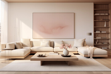 Modern living room interior design in peach fuzz colors. Living room decoration with sofa and low angle wooden table, color of the year 2024 concept, living room interior design
