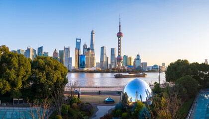 Shanghai sunset at the North Bund with epic skyline