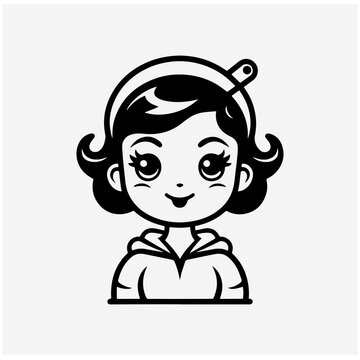 A young woman illustration, flat 2D style, black line art